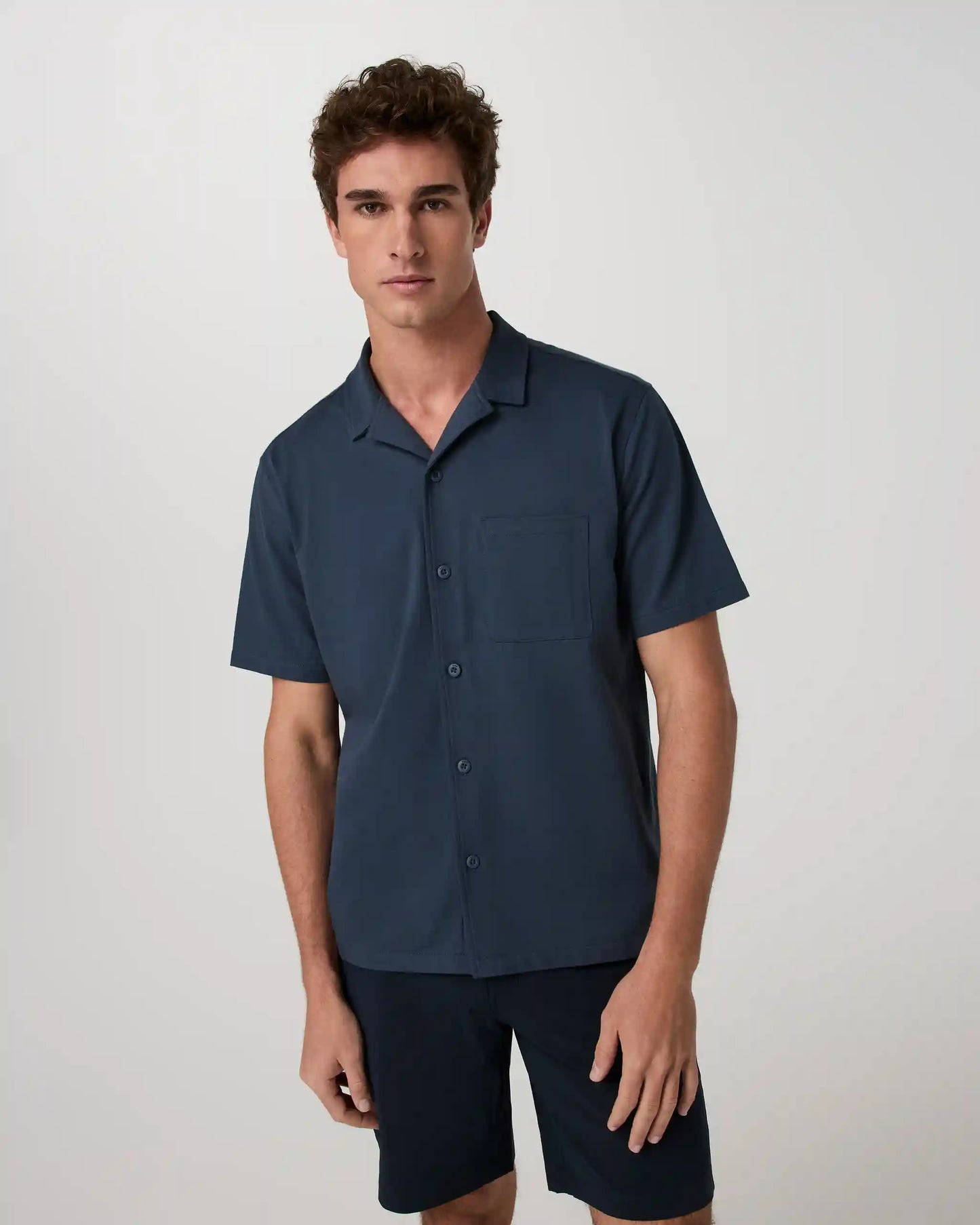 Short Sleeve Knit Oxford Camp Collar Button Down