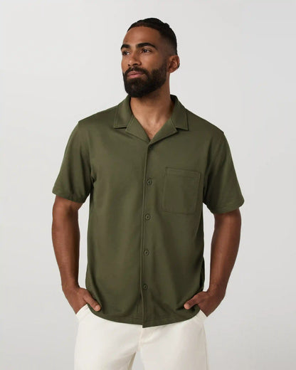 Short Sleeve Knit Oxford Camp Collar Button Down
